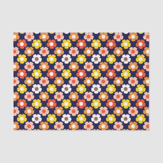 Retro Herfst Herfstbloemen Patroon Blauw Tissuepapier (Voorkant)