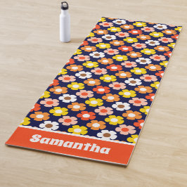 Retro Herfst Herfstbloemen Patroon Blauw Yogamat