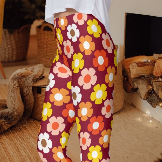 Retro Herfst Herfstbloemen Patroon Bourgogne Leggings
