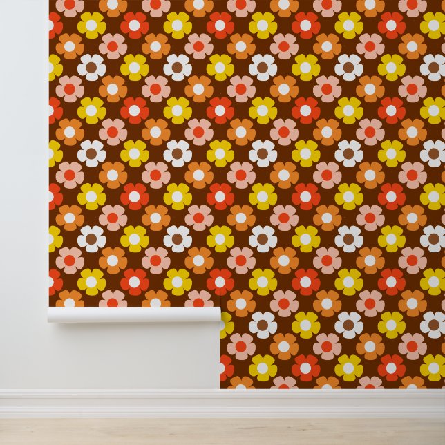 Retro Herfst Herfstbloemen Patroon Bruin Behang (Applicatie)