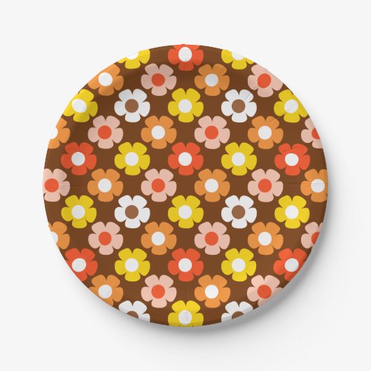 Retro Herfst Herfstbloemen Patroon Bruin Papieren Bordje (Voorkant)