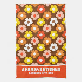 Retro Herfst Herfstbloemen Patroon Bruin Theedoek