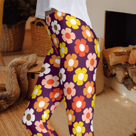 Retro Herfst Herfstbloemen Patroon Paarse Leggings