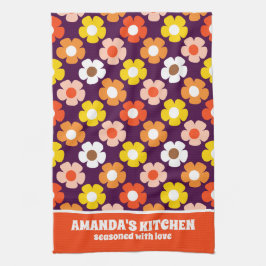 Retro Herfst Herfstbloemen Patroon Paarse Theedoek