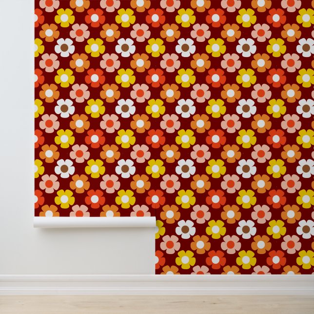 Retro Herfst Herfstbloemen Patroon Rood Behang (Applicatie)