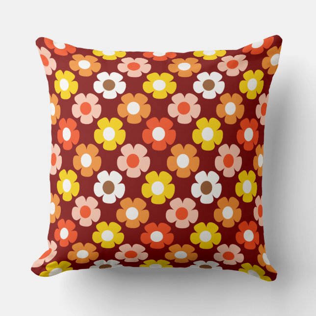 Retro Herfst Herfstbloemen Patroon Rood Kussen (Voorkant)