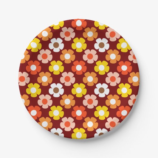 Retro Herfst Herfstbloemen Patroon Rood Papieren Bordje (Voorkant)