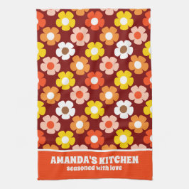 Retro Herfst Herfstbloemen Patroon Rood Theedoek
