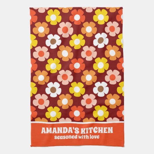 Retro Herfst Herfstbloemen Patroon Rood Theedoek (Verticaal)