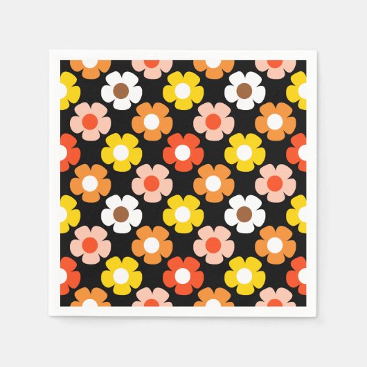 Retro Herfst Herfstbloemen Patroon Zwart Servet (Voorkant)