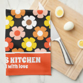 Retro Herfst Herfstbloemen Patroon Zwart Theedoek (Quarter Fold)