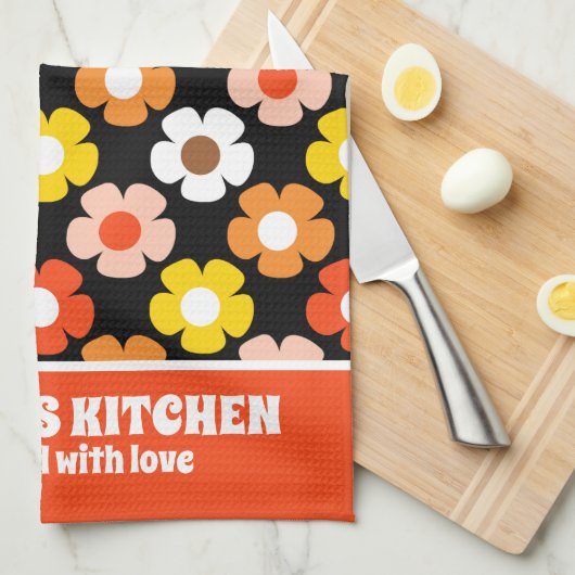 Retro Herfst Herfstbloemen Patroon Zwart Theedoek (Quarter Fold)