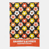 Retro Herfst Herfstbloemen Patroon Zwart Theedoek (Verticaal)