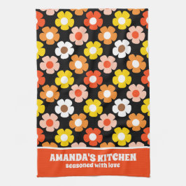 Retro Herfst Herfstbloemen Patroon Zwart Theedoek