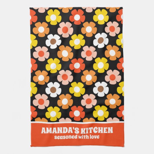 Retro Herfst Herfstbloemen Patroon Zwart Theedoek (Verticaal)