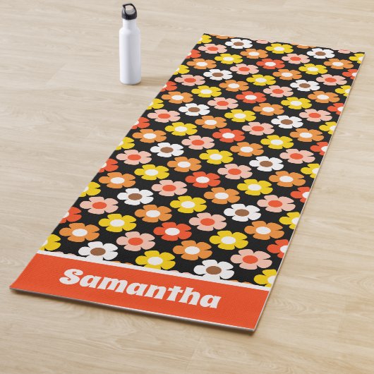 Retro Herfst Herfstbloemen Patroon Zwart Yogamat (In situ)