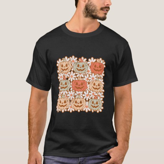 Retro Herfst pompoen met bloemen lachend gezicht W T-shirt (Voorkant)