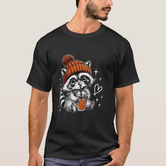 Retro Herfst Racoon Coffee Feral Racoon Pompoen Au T-shirt (Voorkant)