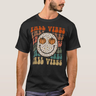 Retro Herfst Vibes Hallo Herfst Leopard Smile Face T-shirt