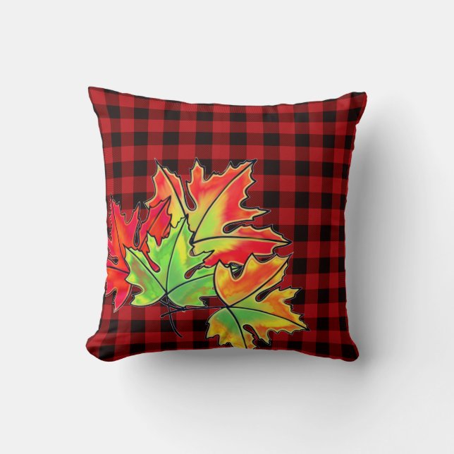 Retro Herfstherfst laat rood rustieke zwarte plaid Kussen (Voorkant)