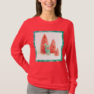 Retro Herten van Kerstmis met Lijst Aqua op Rood T-shirt