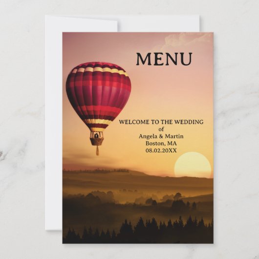 Retro Hete Luchtballon Sunset Wedding Menu Kaart (Voorkant)