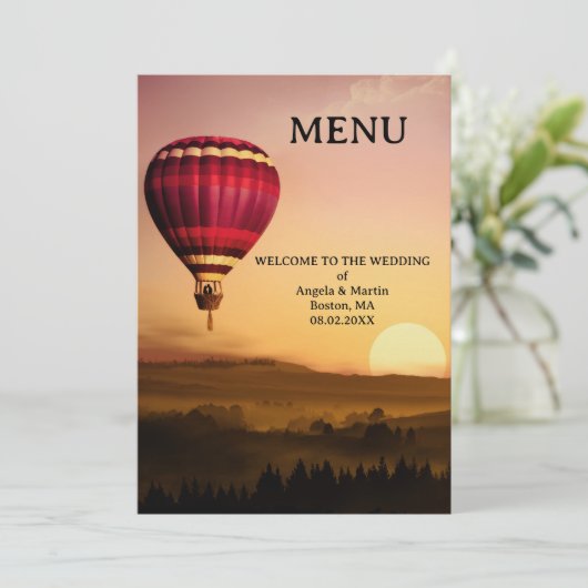 Retro Hete Luchtballon Sunset Wedding Menu Kaart (Staand voorkant)