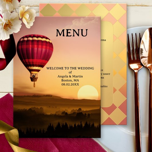 Retro Hete Luchtballon Sunset Wedding Menu Kaart