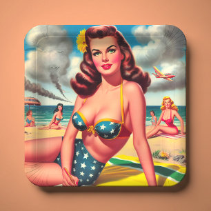 Retro hete vintage strand pin-up papieren bordje