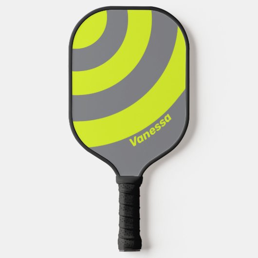 Retro HI VIS Drie Cirkel Streep met Naam Pickleball Paddle (Voorkant)