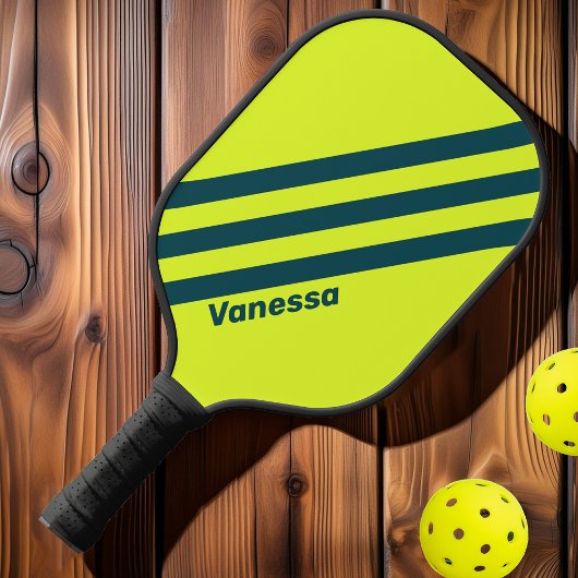 Retro HI VIS Geel Drie Strepen met Naam Pickleball Paddle