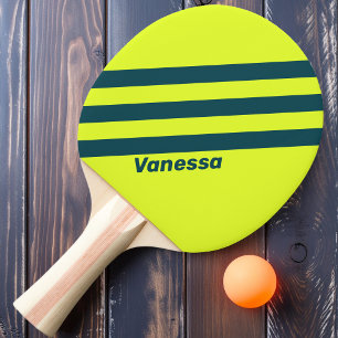 Retro HI VIS Geel met Drie Strepen en Naam Tafeltennisbatje