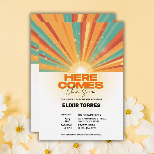 Retro hier komt de Son Baby shower Invitation Kaart