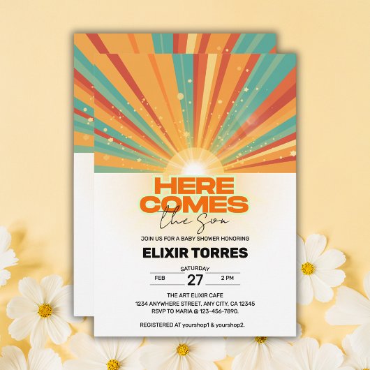Retro hier komt de Son Baby shower Invitation Kaart