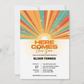 Retro hier komt de Son Baby shower Invitation Kaart (Voorkant)