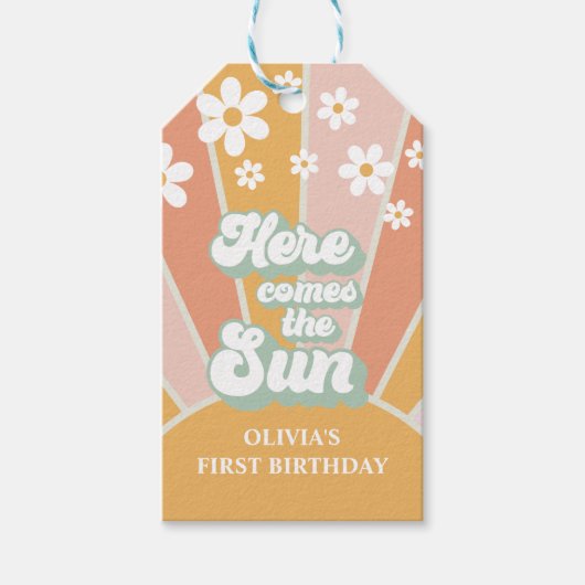 Retro Hier komt de Sun Daisy boho verjaardag Cadeaulabel (Voorkant)