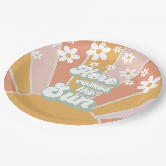 Retro Hier komt de Sun Daisy boho verjaardag Papieren Bordje (Gekanteld)