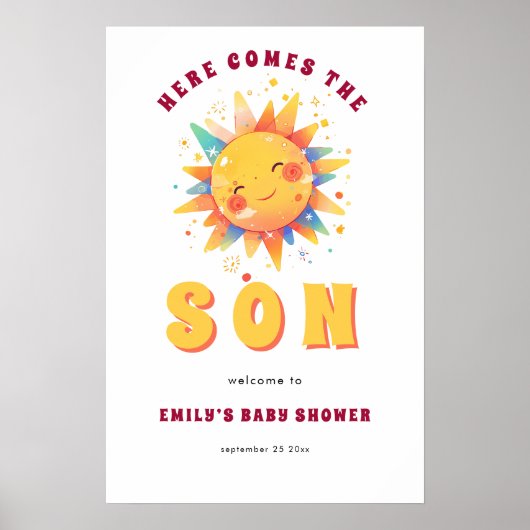 Retro hier komt de zoon welkom in Baby shower Poster (Voorkant)