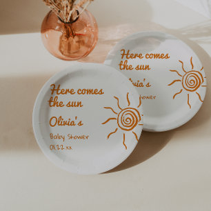 Retro hier komt het met de hand getekende Baby sho Papieren Bordje