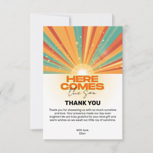 Retro hier komt het Son Baby shower Bedankkaart (Voorkant)