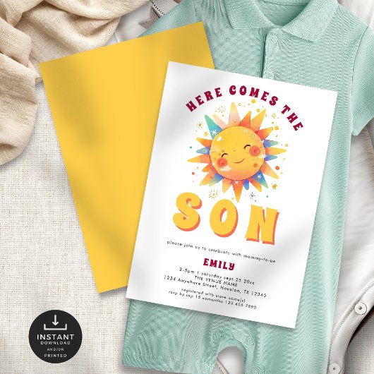 Retro hier komt het Son Baby shower Kaart