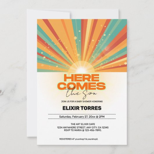 Retro hier komt het Son Baby shower Kaart (Voorkant)