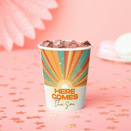 Retro hier komt het Son Baby shower Papieren Bekers (Insitu)