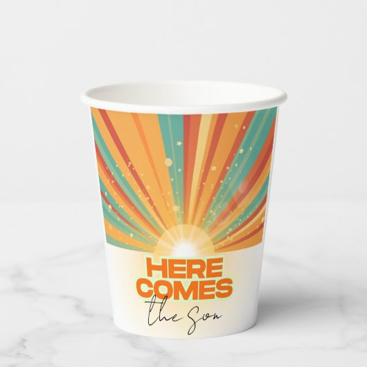 Retro hier komt het Son Baby shower Papieren Bekers (Achterkant)