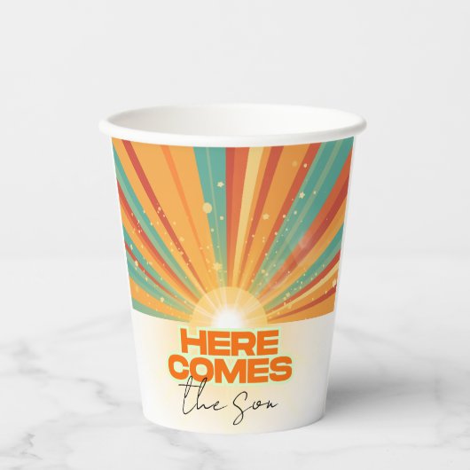 Retro hier komt het Son Baby shower Papieren Bekers (Voorkant)