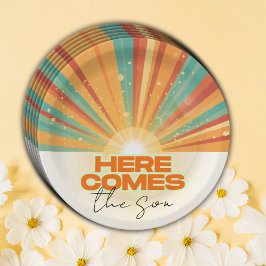 Retro hier komt het Son Baby shower Papieren Bordje