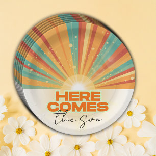 Retro hier komt het Son Baby shower Papieren Bordje