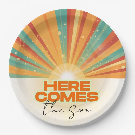 Retro hier komt het Son Baby shower Papieren Bordje (Voorkant)