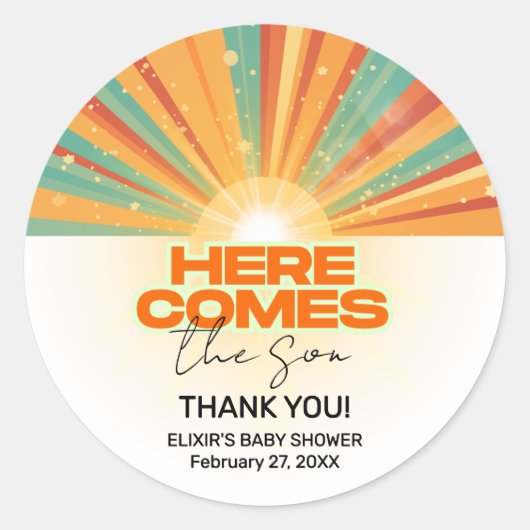 Retro hier komt het Son Baby shower Ronde Sticker (Voorkant)