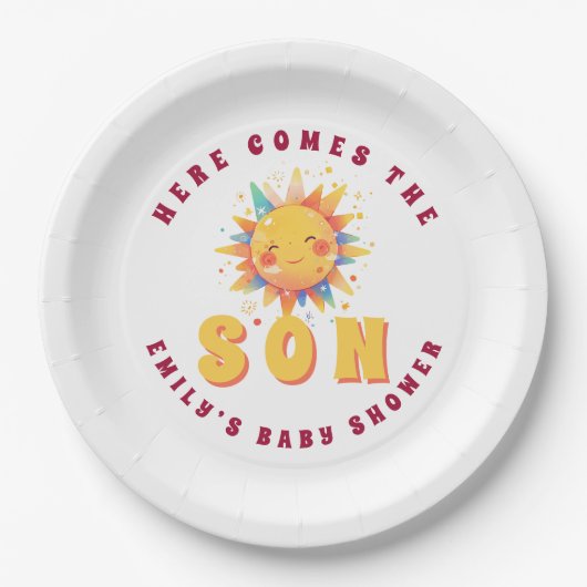 Retro hier komt het Son Boy Baby shower Papieren Bordje (Voorkant)